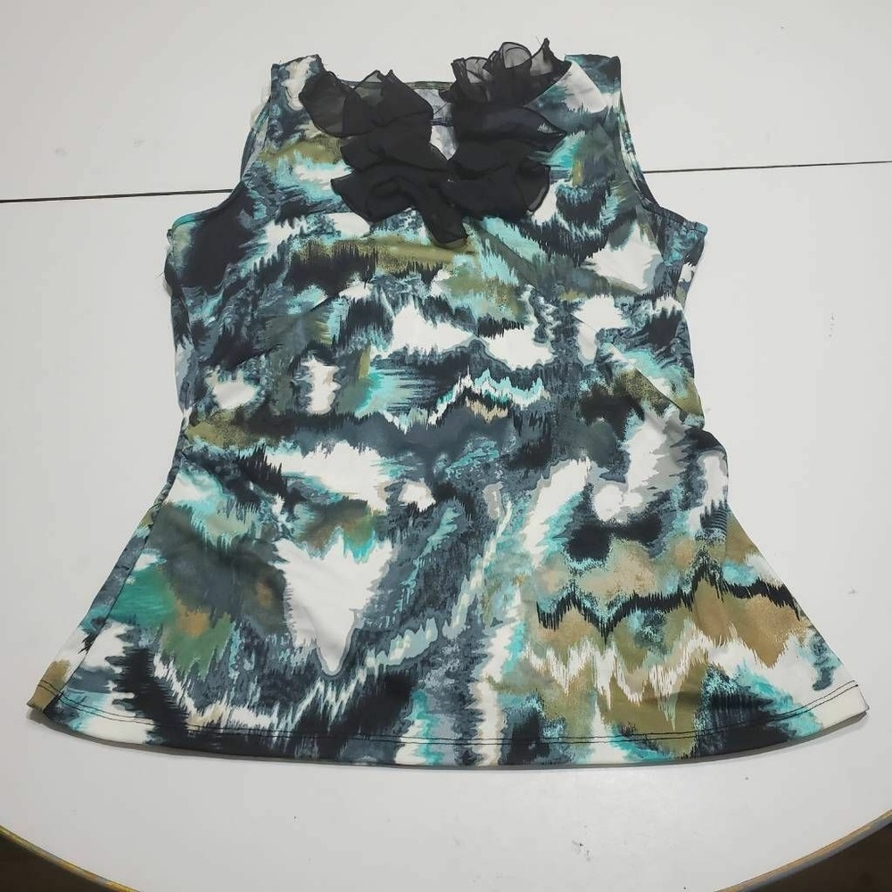 New Directions Womens Tank Top White Black Abstract V Neck Stretch Ruffles S